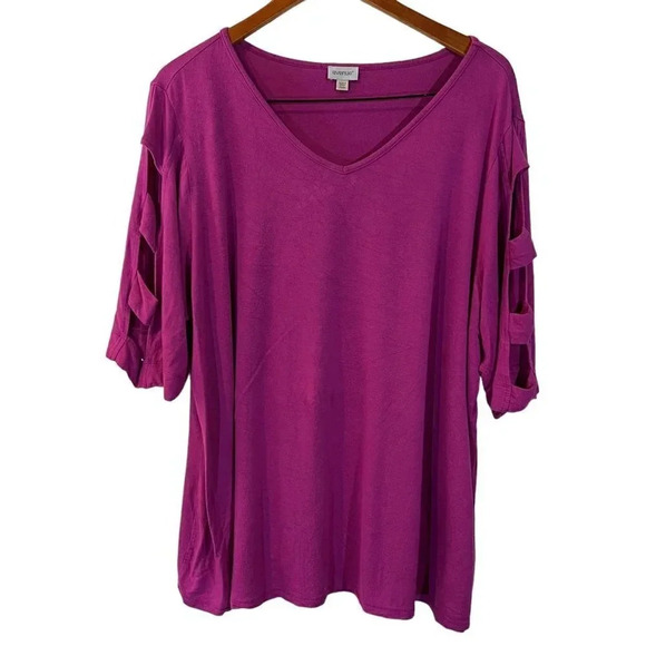 Avenue Pink V Neck Top Plus Size 22/24 Cutout Short Sleeves Stretch Pullover - Picture 1 of 4